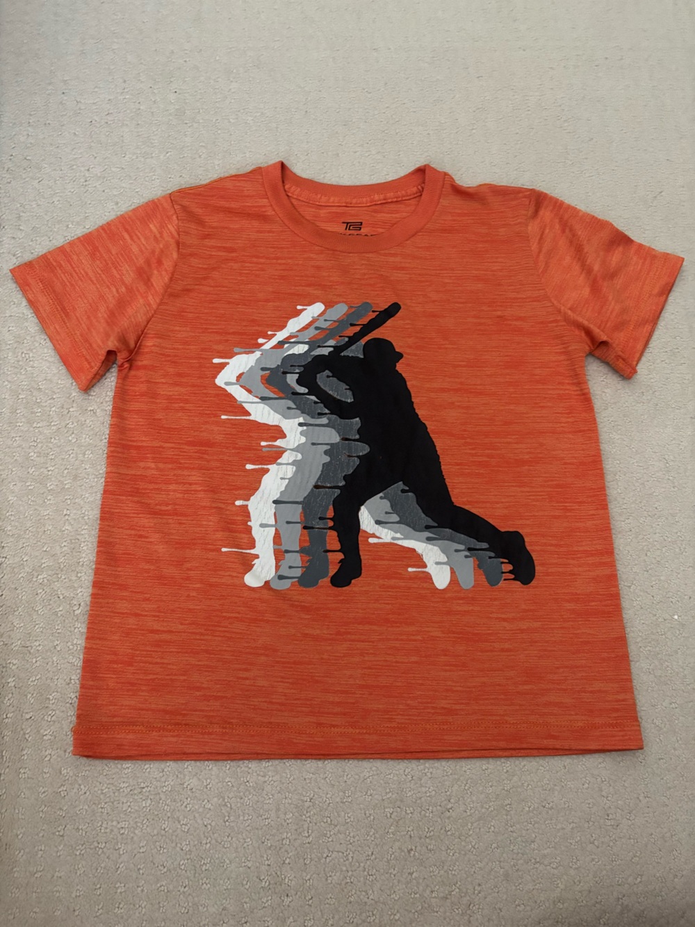 Tek Gear Orange Tee with Dripping Black, Gray & White Baseball Logo Active Shirt